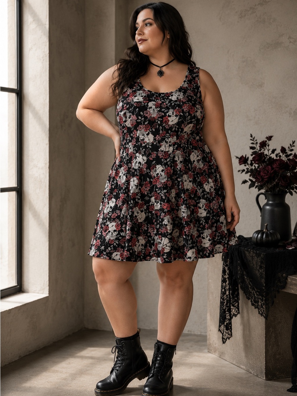 Torrid Skull Floral Fit Flare Dress Whimsigoth Romantic Goth Witchy 4X